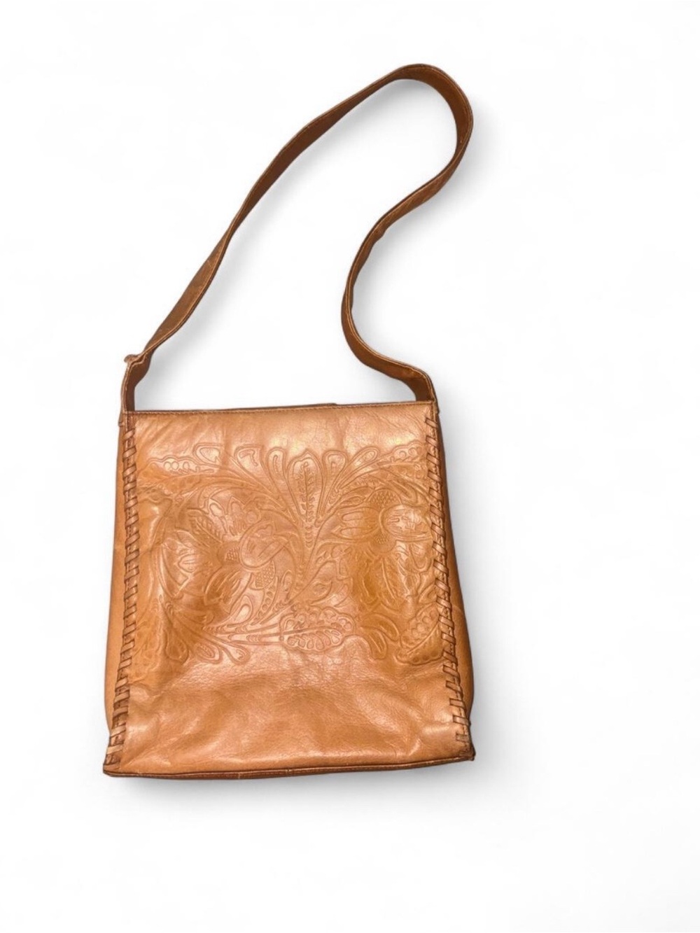 Vintage Embossed Tan Leather Satchel Shoulder Bag